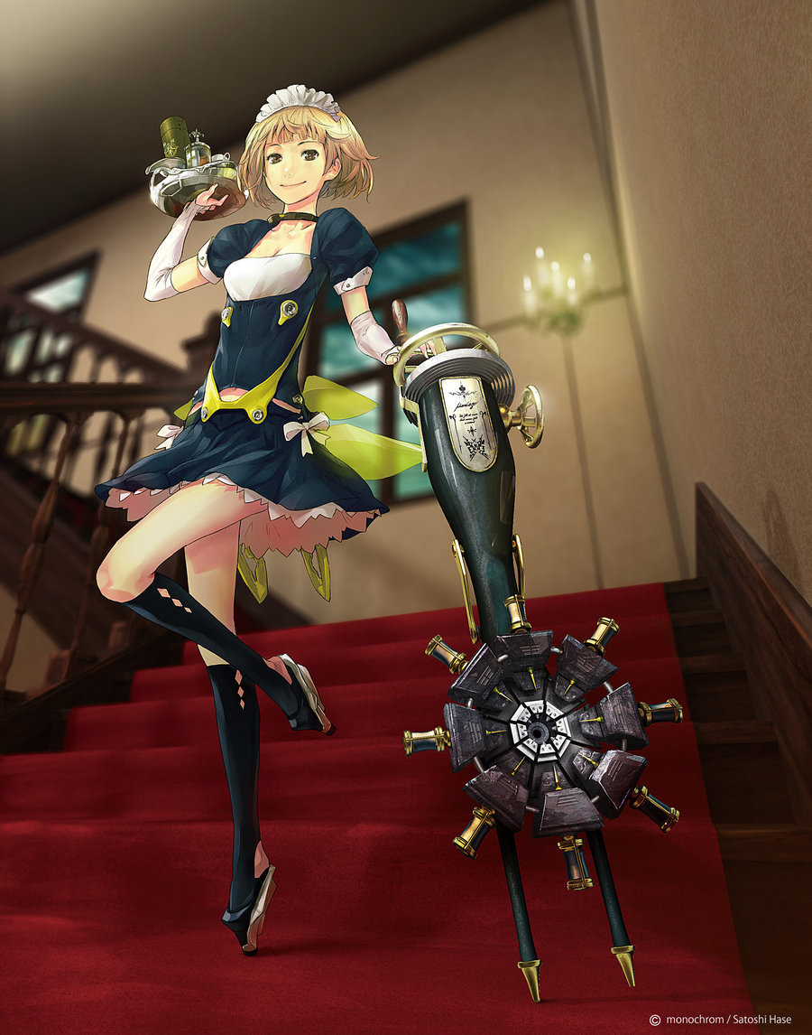 beatless blonde_hair bow breasts bridal_gauntlets brown_eyes cleavage light_smile maid maid_headdress mariage medium_breasts redjuice short_hair short_sleeves skirt solo stairs tray