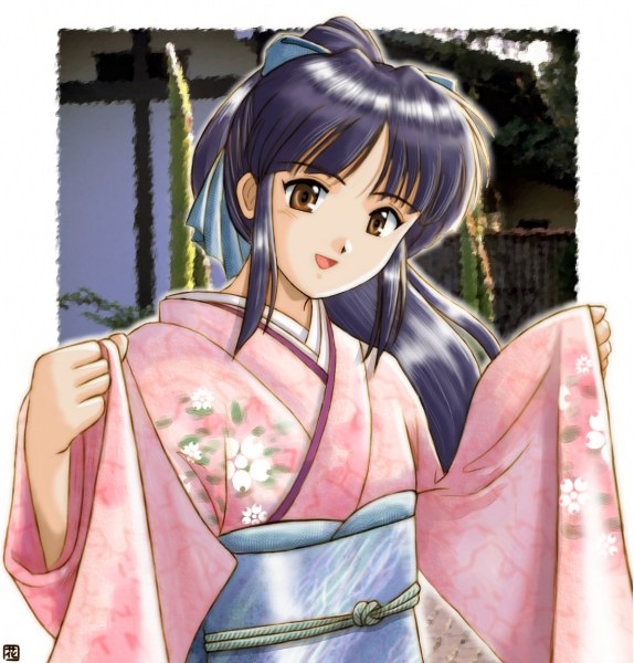 bangs black_hair brown_eyes hair_ribbon kimono ponytail sakura_taisen shinguji_sakura tagme wafuku
