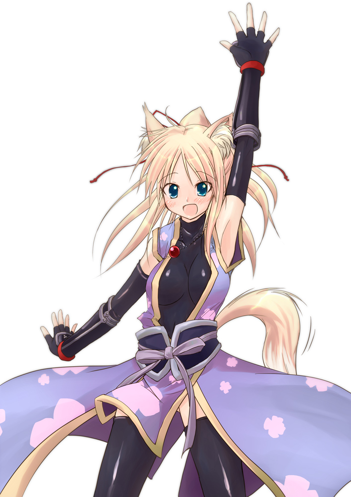 animal_ears black_legwear black_thighhighs blonde_hair blue_eyes breasts dog_days female fingerless_gloves fox_ears fox_tail gloves happy long_hair open_mouth ponytail skin_tight smile solo tail thighhighs wave waving white_background yukikaze_panettone