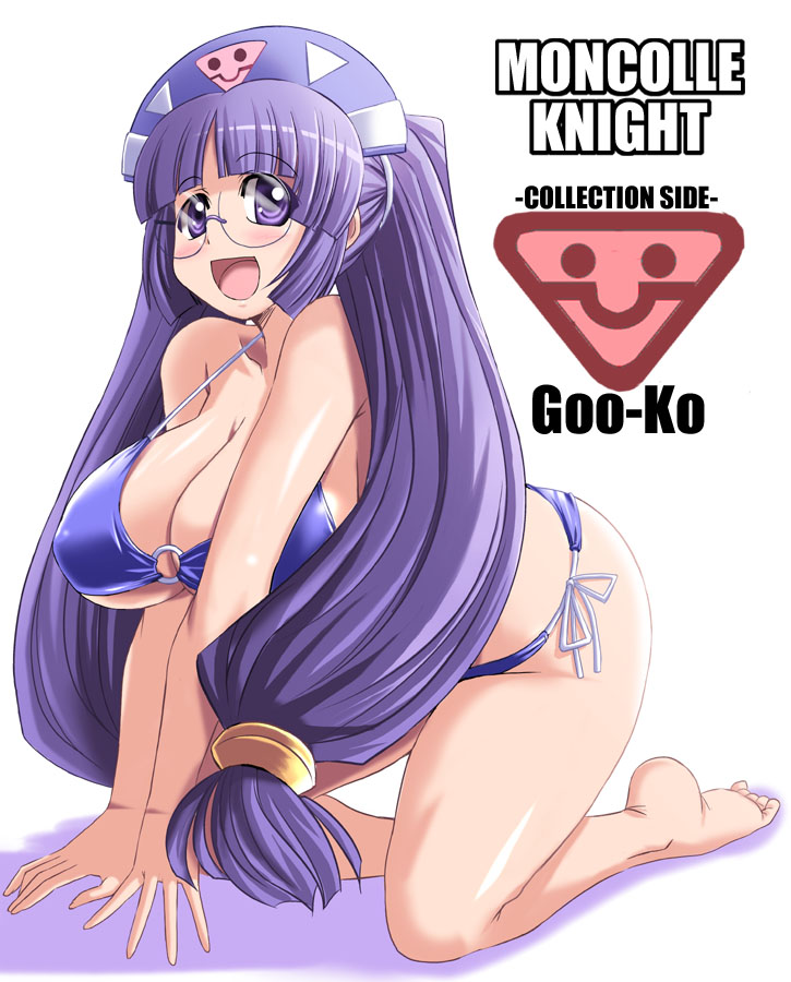 all_fours bikini blush breasts cleavage glasses gluko headdress large_breasts long_hair mon_colle_knights open_mouth plump purple_eyes purple_hair smile swimsuit thick_thighs thighs tongpoo tonpuu very_long_hair