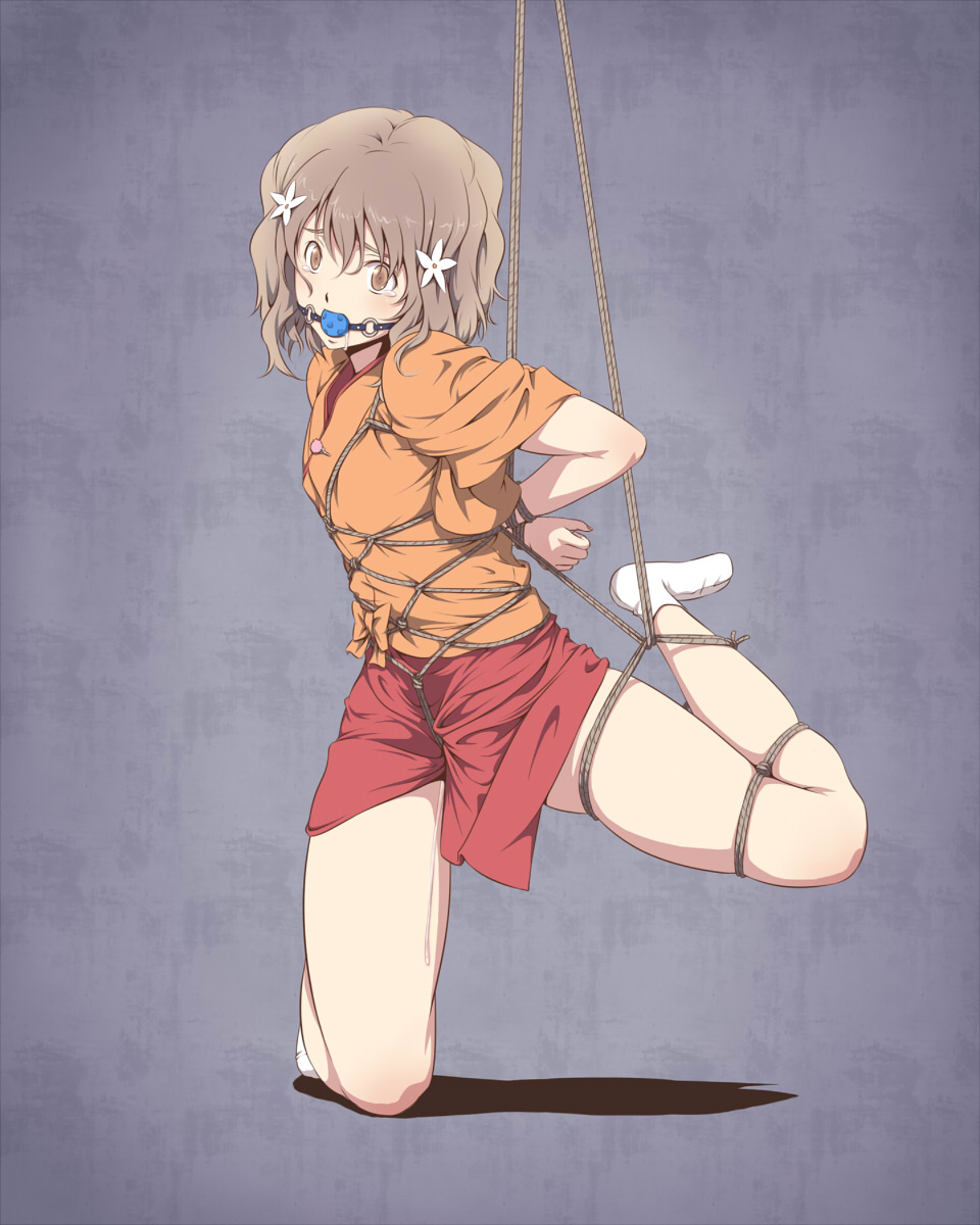 ball_gag bdsm blush bondage bound brown_eyes brown_hair crotch_rope flower gag gagged hair_flower hair_ornament hanasaku_iroha highres japanese_clothes kissuisou_uniform matsumae_ohana nakai_(waitress) pussy_juice sakuraba_tsukasa saliva shibari short_hair solo suspension tears