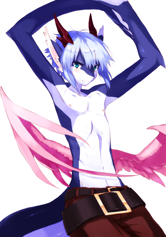 adult belt blue_eyes blue_hair blush clothing dragon hair horn horns looking_at_viewer male midriff navel nipples pants plain_background raised_arm snooow solo stretching white_background wings yksel