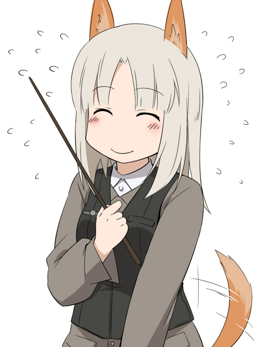 animal_ears arawi_keiichi_(style) blush brave_witches closed_eyes edytha_rossmann flying_sweatdrops fox_ears fox_tail grey_hair military military_uniform nichijou parody pointer short_hair smile solo style_parody sweatdrop tail tail_wagging uniform vest world_witches_series youkan