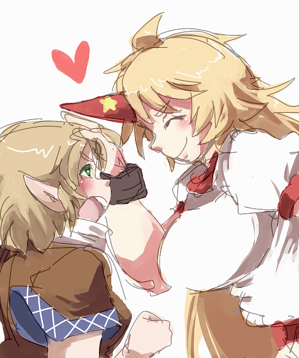annoyed blonde_hair breasts eyebrows green_eyes hand_on_another's_head horn hoshiguma_yuugi iroyopon large_breasts mizuhashi_parsee multiple_girls pointy_ears smile thick_eyebrows touhou