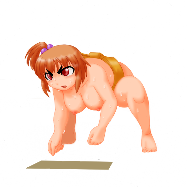 blush crouch mage_(pixiv) mawashi pigtail red_eyes red_hair squat stare staredown sumo sweat wrestling
