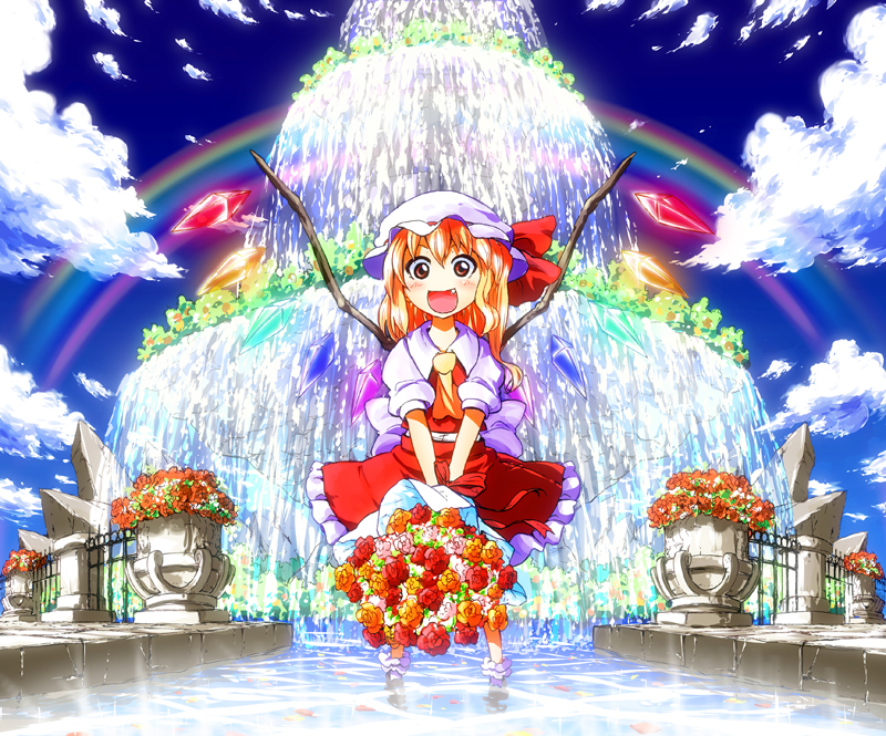 :d blonde_hair blue_sky blush bobby_socks bouquet cloud day dress fang flandre_scarlet flower flower_pot fountain hat joyfull_(terrace) looking_at_viewer open_mouth rainbow red_dress red_eyes side_ponytail sky smile socks solo touhou v_arms wading water waterfall wings