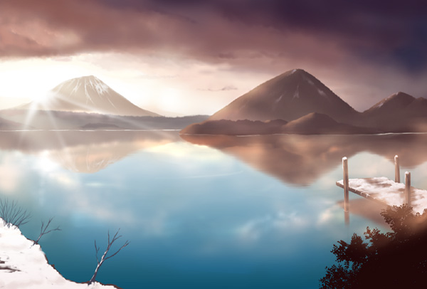 emina&amp;amp;aki kagami kagami_(artist) kagami_hirotaka lake mountain scenery sun winter