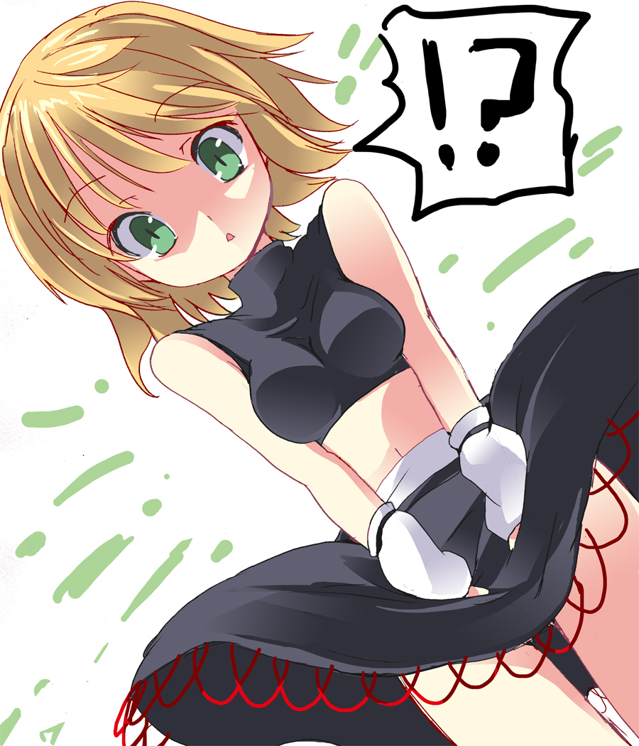 1girl alternate_costume arm_warmers bare_shoulders black_skirt blonde_hair breasts covering covering_crotch dutch_angle fa_no_hito green_eyes medium_breasts midriff mizuhashi_parsee navel open_mouth shirt short_hair simple_background skirt skirt_set skirt_tug sleeveless sleeveless_shirt solo sports_bra touhou turtleneck upskirt v_arms wind wristband