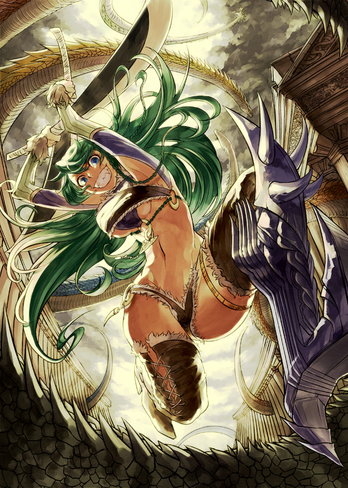 blue_eyes boots breasts deba dragon dual_wielding from_below green_hair grin high_heels holding jumping knee_boots large_breasts long_hair navel original shoes smile solo sword thighhighs underboob weapon