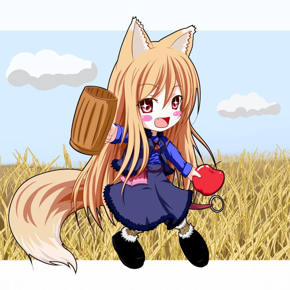 animal_ears apple blush brown_hair chibi dress fang food fruit holo long_hair open_mouth pouch red_eyes retishia solo spice_and_wolf tail wheat wolf_ears wolf_tail