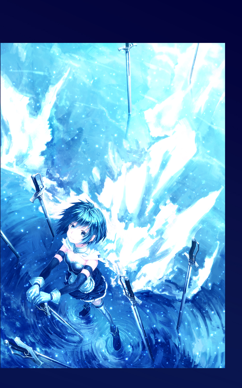 blue blue_eyes blue_hair blue_legwear blue_skirt cape elbow_gloves from_above gloves highres lain magical_girl mahou_shoujo_madoka_magica miki_sayaka ripples skirt smile solo sword thighhighs water weapon