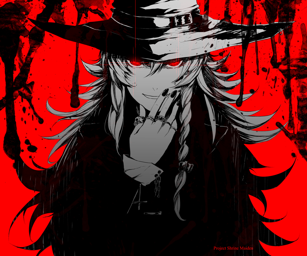 bad_id bad_pixiv_id banned_artist bow braid glowing glowing_eyes hair_bow hand_on_own_face hat jewelry kirisame_marisa koumajou_densetsu long_hair long_sleeves paint_splatter red_eyes ring s_tanly solo touhou witch_hat