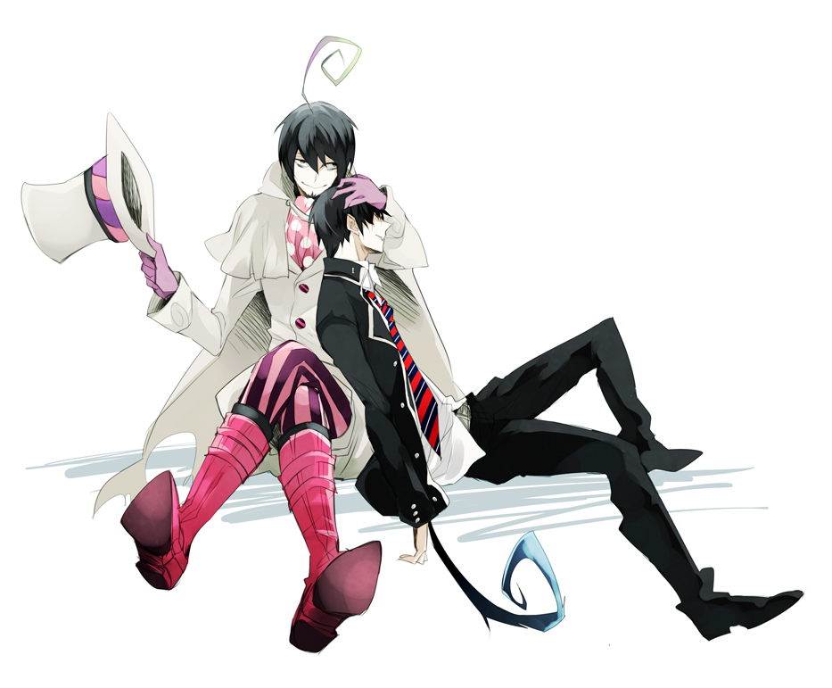 ahoge ao_no_exorcist bad_id bad_pixiv_id belt black_eyes black_hair boots cape crossed_legs gloves hand_on_head hat hat_removed hat_tip headwear_removed male_focus mephisto_pheles multiple_boys necktie okumura_rin pointy_ears polka_dot school_uniform simple_background sitting striped striped_legwear striped_neckwear tail top_hat vertical-striped_legwear vertical_stripes yone_(kaguudou)