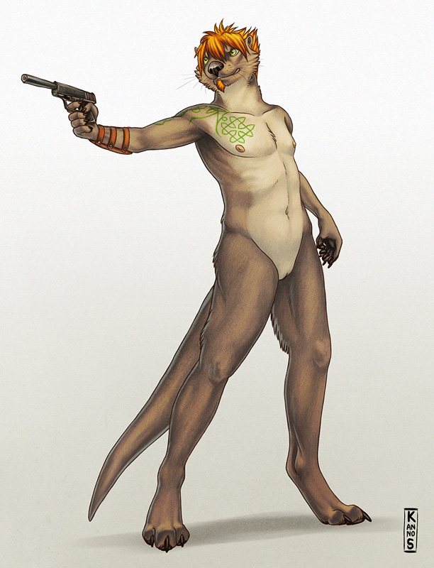 facial_hair goatee gun hair intersex kannos mammal mustelid nude otter pistol plain_background pussy ranged_weapon red_hair solo standing tattoo trystan weapon whiskers white_background