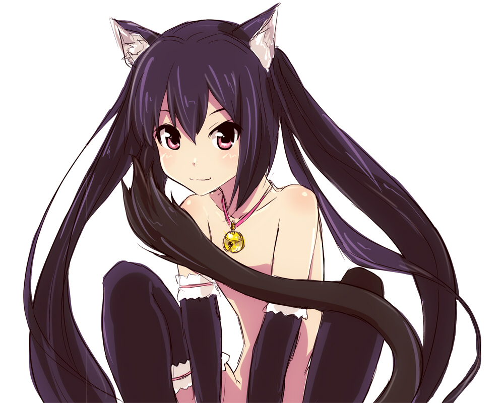 animal_ears bell cat_ears cat_tail elbow_gloves gloves jingle_bell k-on! long_hair nakano_azusa nude purple_hair red_eyes solo tail thighhighs tom_(drpow) twintails