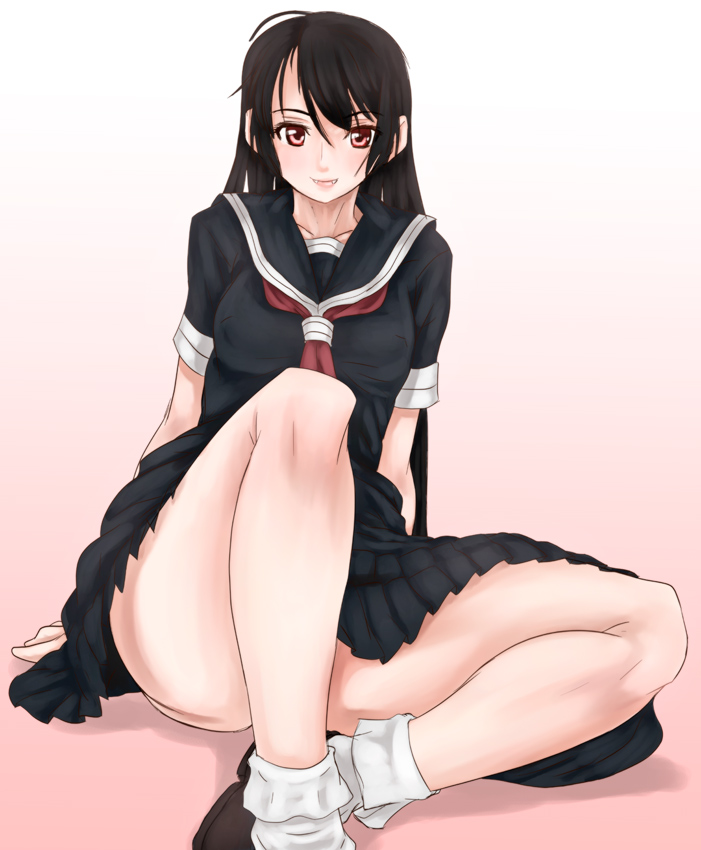 ahoge arms_at_sides bangs black_hair black_serafuku black_skirt blush breasts brown_footwear collarbone convenient_leg covered_nipples eyebrows_visible_through_hair fangs gradient gradient_background kaibutsu_oujo kamura_reiri knee_up lips long_hair looking_at_viewer medium_breasts medium_skirt neckerchief pink_lips pleated_skirt red_neckwear scharfschutze school_uniform serafuku shoes short_sleeves sitting skirt smile socks solo thighs very_long_hair white_legwear