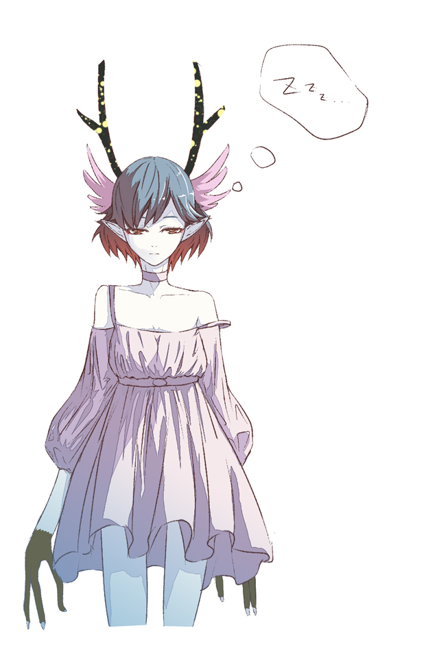 antlers bare_shoulders blue_hair bob_cut c_(control) choker detached_sleeves dress gradient_hair head_wings kelvin926 multicolored_hair pale_skin pointy_ears q_(control) red_eyes red_hair sleepy solo thought_bubble zzz