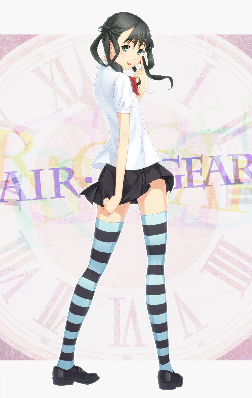 air_gear black_hair full_body green_eyes highres isawa_hako legs looking_back shoes simple_background skirt solo standing striped striped_legwear sturm thighhighs twintails zettai_ryouiki