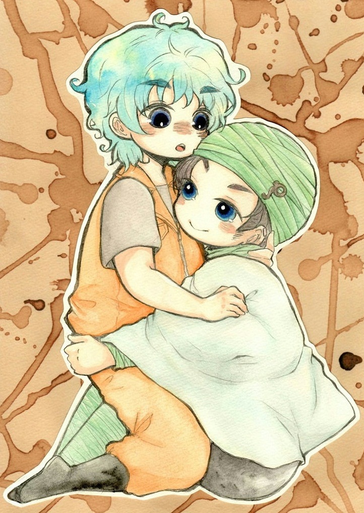 2boys blue_eyes blue_hair brown_hair cape coco_(toriko) hug multiple_boys toriko_(series) toriko_(toriko)