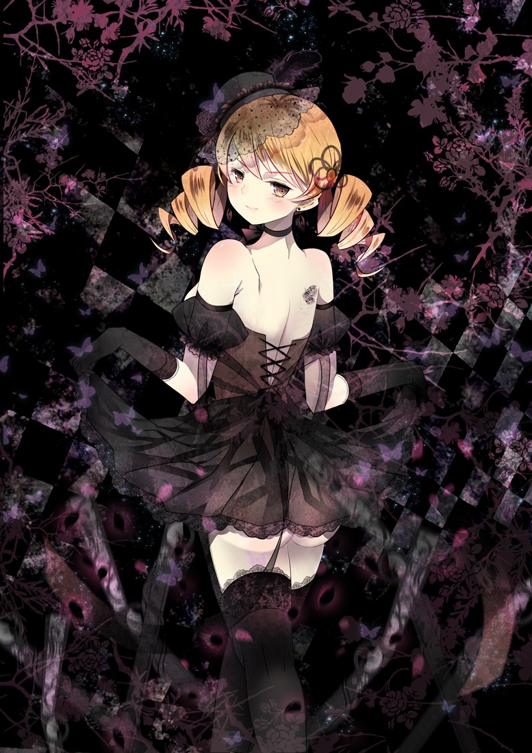 alternate_costume ass back bare_shoulders black_legwear blonde_hair choker domotolain drill_hair duplicate earrings gloves hat jewelry mahou_shoujo_madoka_magica md5_mismatch solo thighhighs tomoe_mami twin_drills twintails yellow_eyes