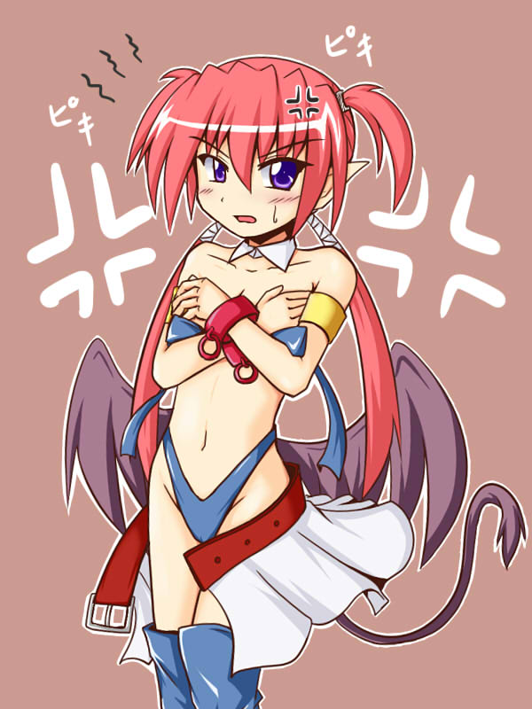 agito_(nanoha) blush covering covering_breasts crossed_arms embarrassed flat_chest long_hair lyrical_nanoha mahou_shoujo_lyrical_nanoha_strikers navel panties pointy_ears purple_eyes quad_tails red_hair solo sweatdrop tail thighhighs underwear wardrobe_malfunction wings yuuki_shougo