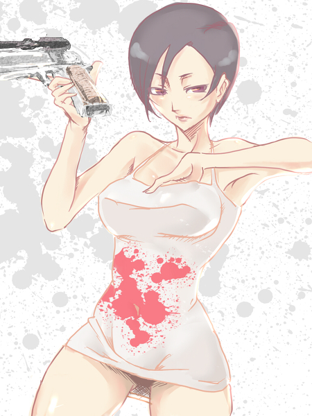 1girl blood breasts dress female gun kaede_smith killer7 red_eyes short_hair solo weapon white_dress