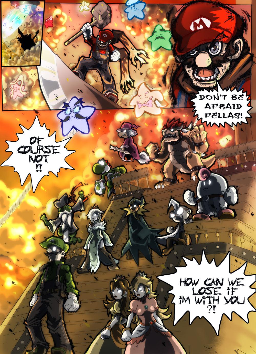 3girls blonde_hair bowser brown_hair comic doctor_oya_ma earrings epic facial_hair food frogfucius fruit geno_(mario) glowing glowing_eyes hair_over_one_eye hammer highres jewelry kammy_koopa luigi luigi's_mansion mallow_(mario) mario mario_(series) md5_mismatch multiple_boys multiple_girls mustache novanim paper_mario parody princess_daisy princess_peach rosetta_(mario) star star_spirits super_mario_bros. super_mario_galaxy super_mario_rpg tengen_toppa_gurren_lagann yoshi