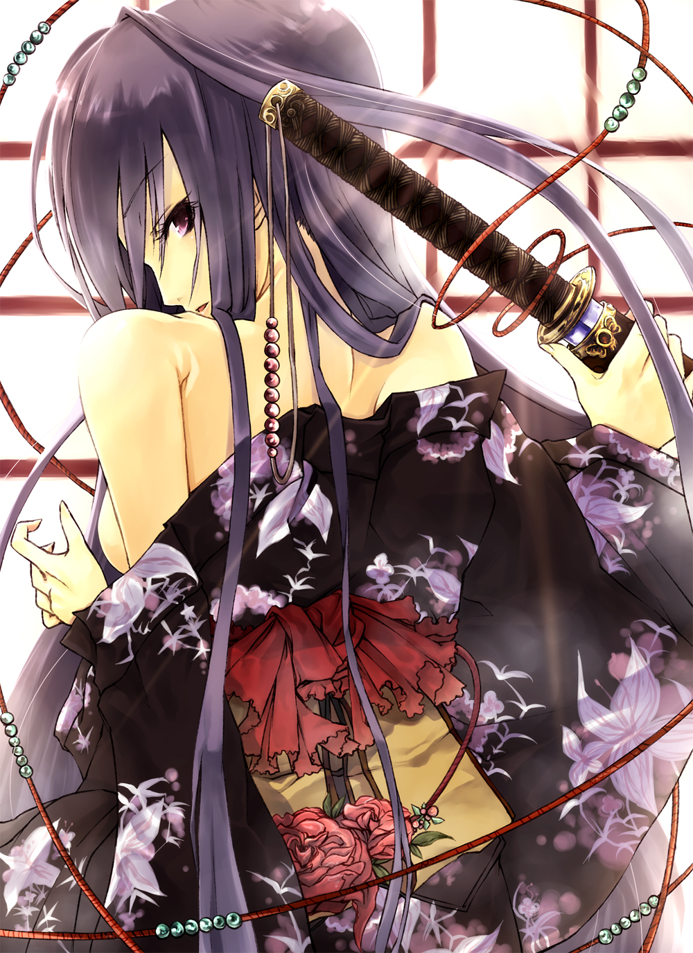 flower highres japanese_clothes katana kimono looking_back muso-comet original purple_eyes purple_hair red_flower red_rose rose solo sword undressing weapon