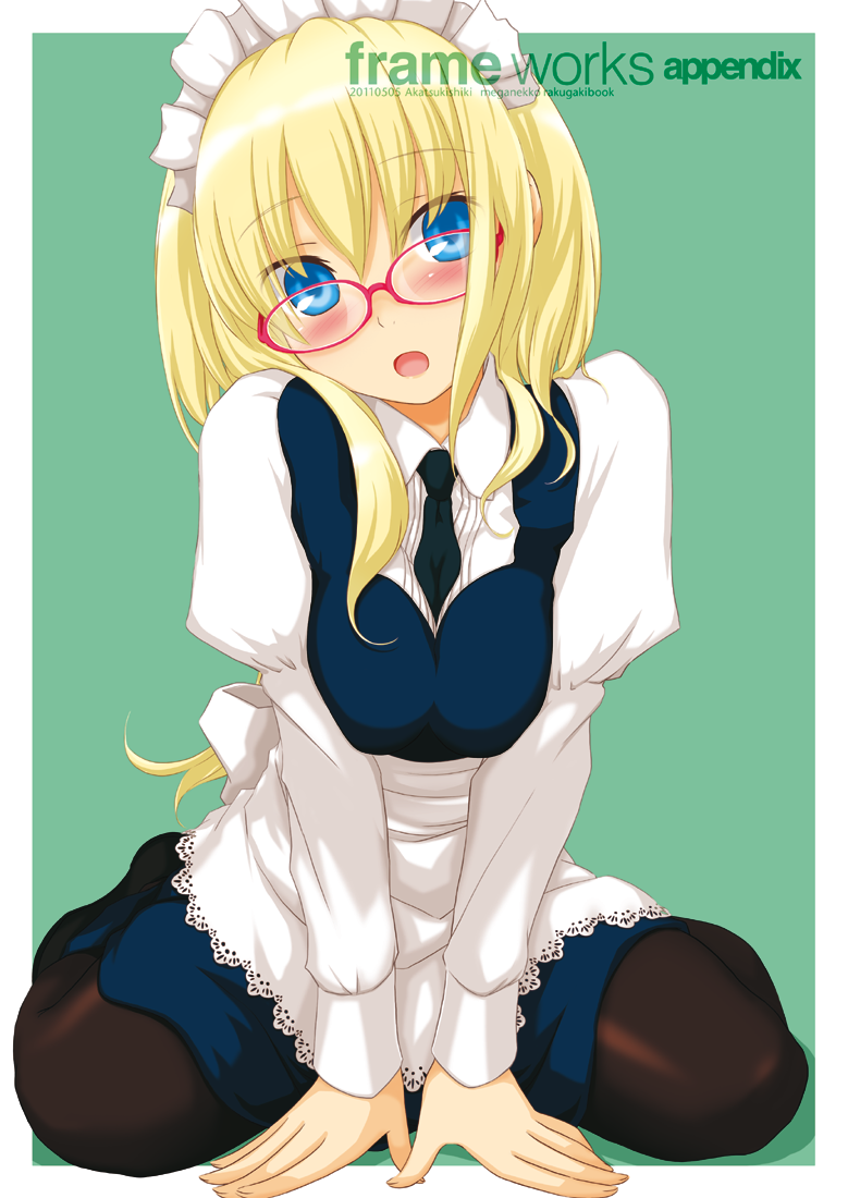 akatsuki_(akatsukishiki) blonde_hair blue_eyes glasses maid maid_headdress original pantyhose solo