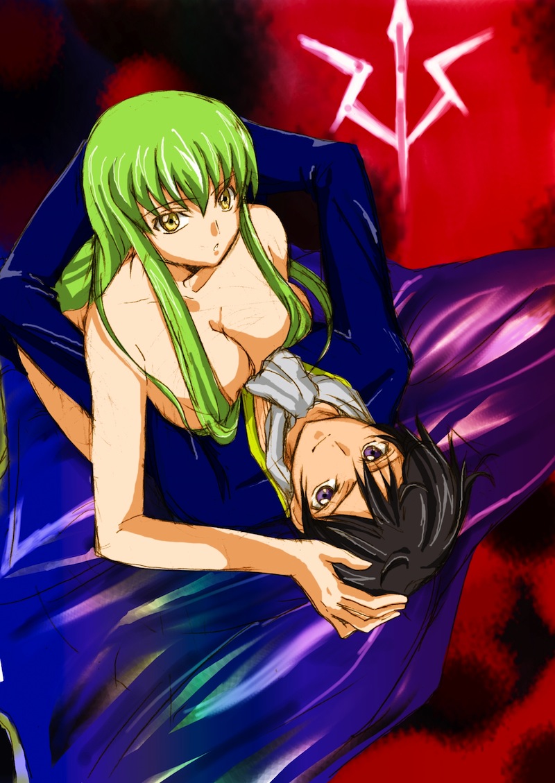 1boy 1girl black_hair breasts c.c. cc censored cleavage cloak clothed_male_nude_female code_geass convenient_censoring couple female green_hair hair_over_breasts hand_on_another's_head hetero hug lekinoko lelouch_lamperouge long_hair male nude purple_eyes short_hair yellow_eyes