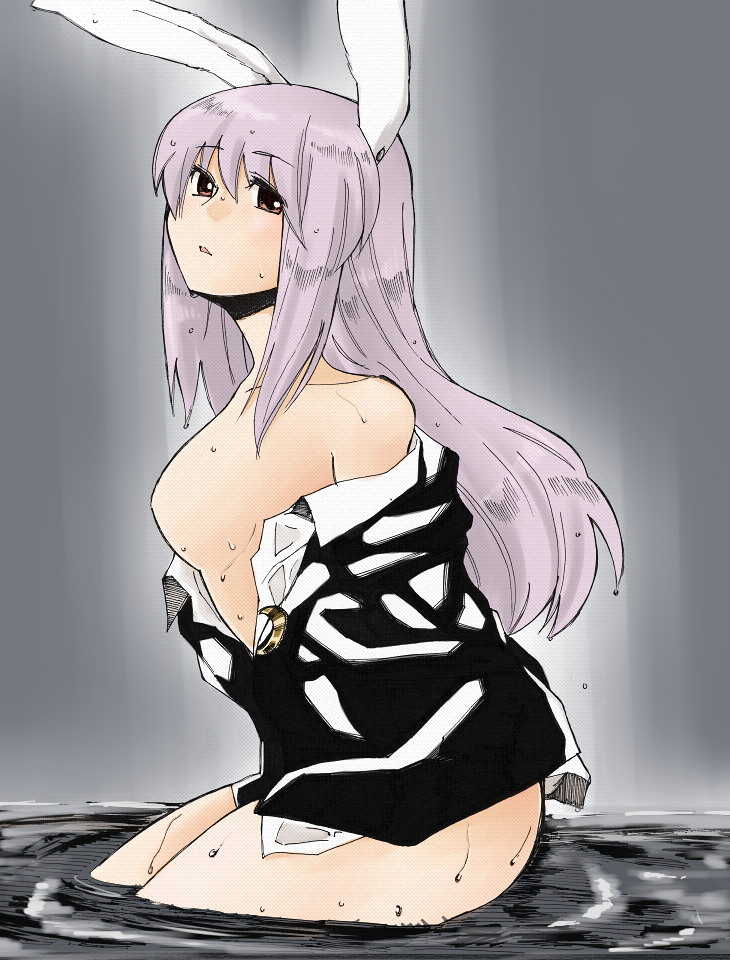 animal_ears bad_id bad_pixiv_id blush breasts brown_eyes brown_hair bunny_ears koyama_shigeru open_clothes purple_hair reisen_udongein_inaba small_breasts solo touhou water wet