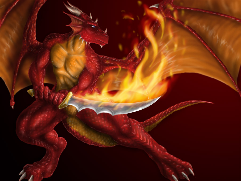 blue_eyes bulge burning charging claws darix dragon ear_fins fire horns male max-dragon muscles red scales sword tail weapon wings