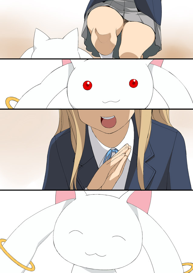 4koma :3 :d ^_^ a1 blonde_hair closed_eyes comic crossover hands_together k-on! kotobuki_tsumugi kyubey long_hair mahou_shoujo_madoka_magica open_mouth red_eyes round_teeth school_uniform skirt smile teeth