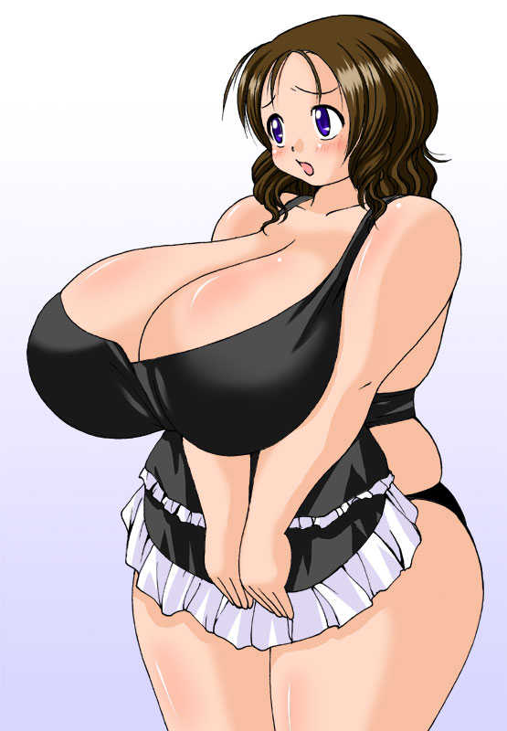 apron blue_eyes blush breasts brown_hair cleavage curvy female gigantic_breasts gradient gradient_background hips huge_breasts maid maid_apron open_mouth plump short_hair solo standing tetsujinex thick_thighs thighs wide_hips