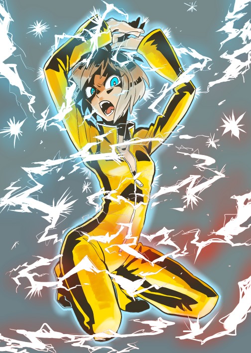 arms_up blonde_hair blue_eyes bodysuit bruce_lee's_jumpsuit electricity huang_baoling jumpsuit katou_(hyaena) open_mouth short_hair solo tiger_&amp;_bunny yellow_bodysuit