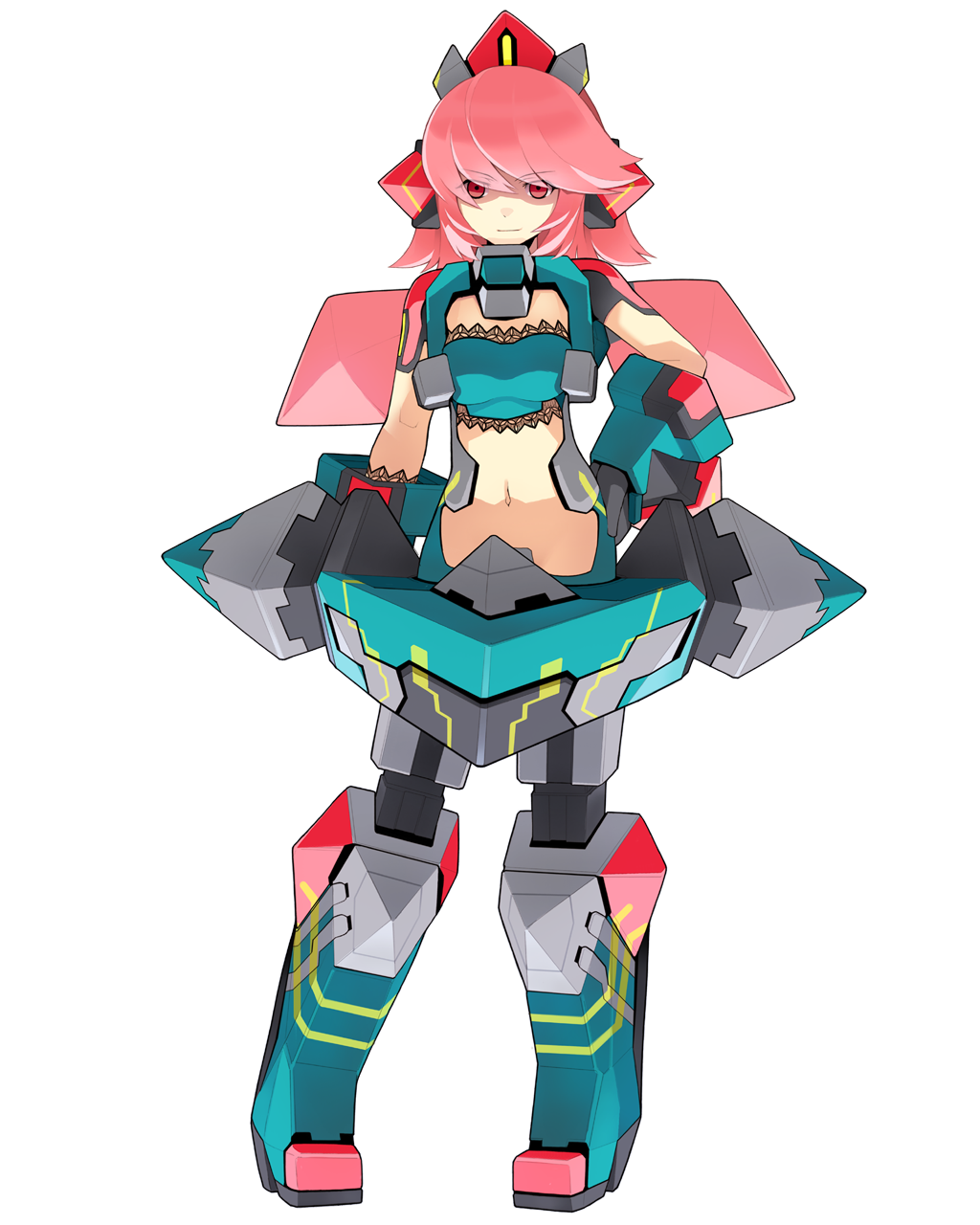 cosmic_break full_body highres lace mecha_musume navel official_art pigeon-toed pink_eyes pink_hair shaded_face short_hair smile solo transparent_background wakaba winberrl