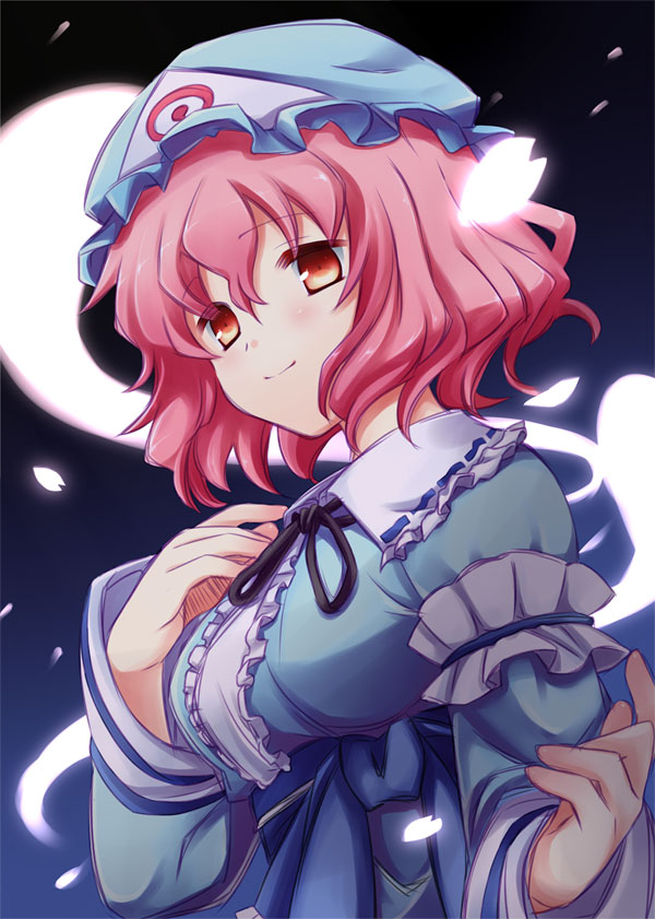 blue_dress breasts cherry_blossoms dress ghost hat hitodama japanese_clothes medium_breasts petals pink_hair red_eyes saigyouji_yuyuko solo tobade_(tbdfactory) touhou triangular_headpiece
