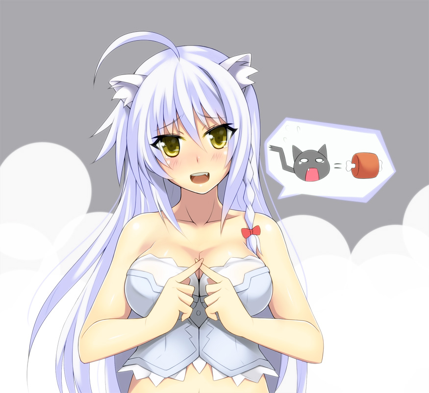ahoge animal_ears bare_shoulders blush boned_meat bow braid breasts bustier cat cathead cleavage dog_days food hair_bow hevn large_breasts leonmitchelli_galette_des_rois lingerie long_hair meat solo underwear white_hair yellow_eyes