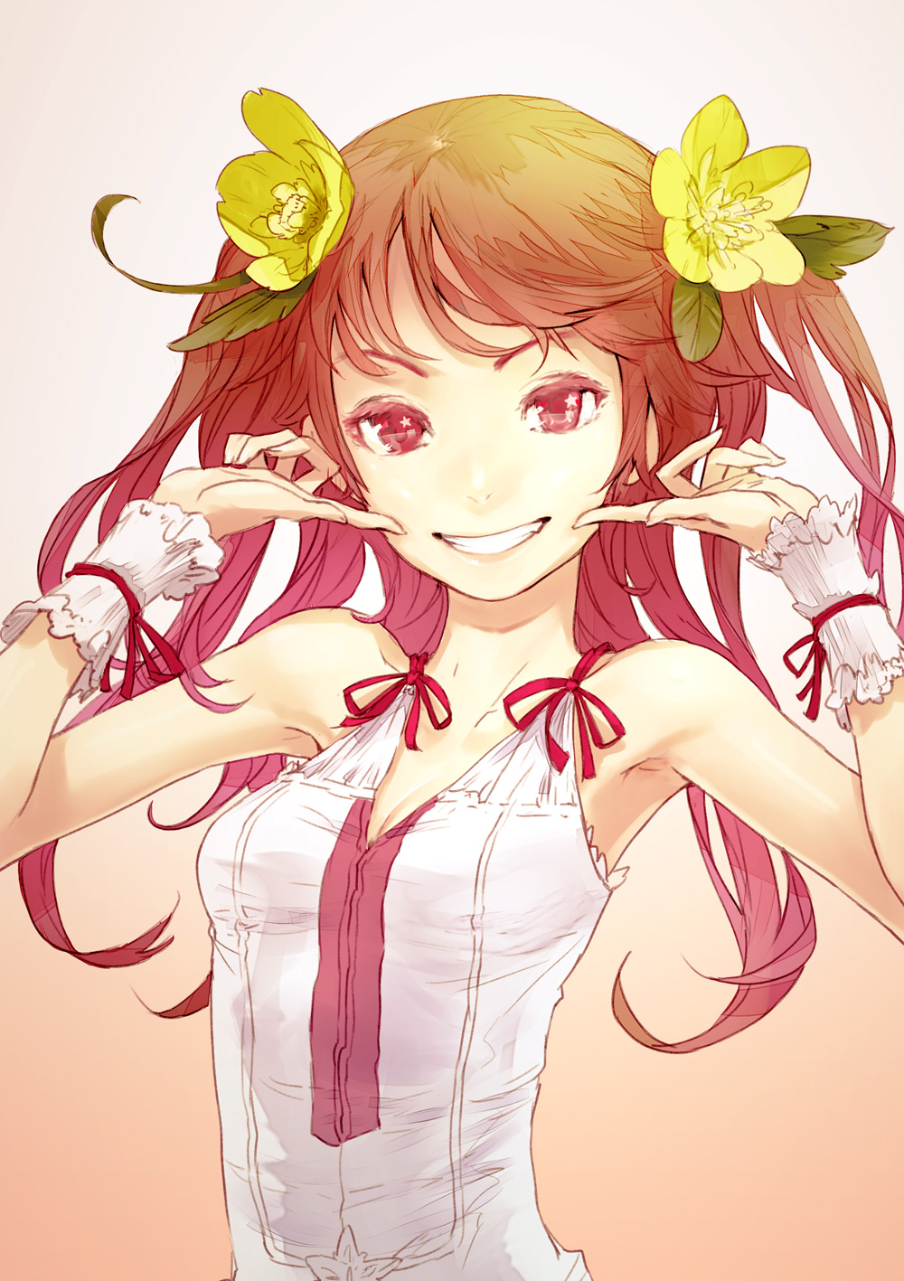 armpits bare_shoulders breasts face fingersmile flower grin hair_flower hair_ornament hands highres long_hair original pink_eyes pink_hair redjuice revision simple_background sleeveless small_breasts smile solo twintails upper_body wrist_cuffs