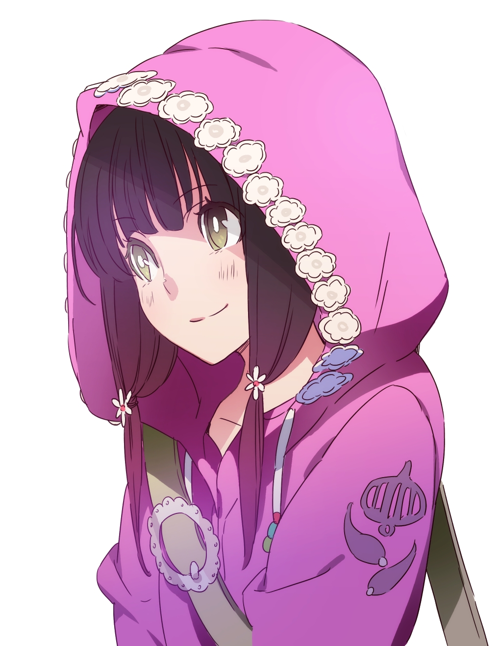 bag closed_mouth face flower hair_flower hair_ornament highres hood hoodie looking_away low_twintails morii_shizuki original shoulder_bag smile solo twintails upper_body white_background