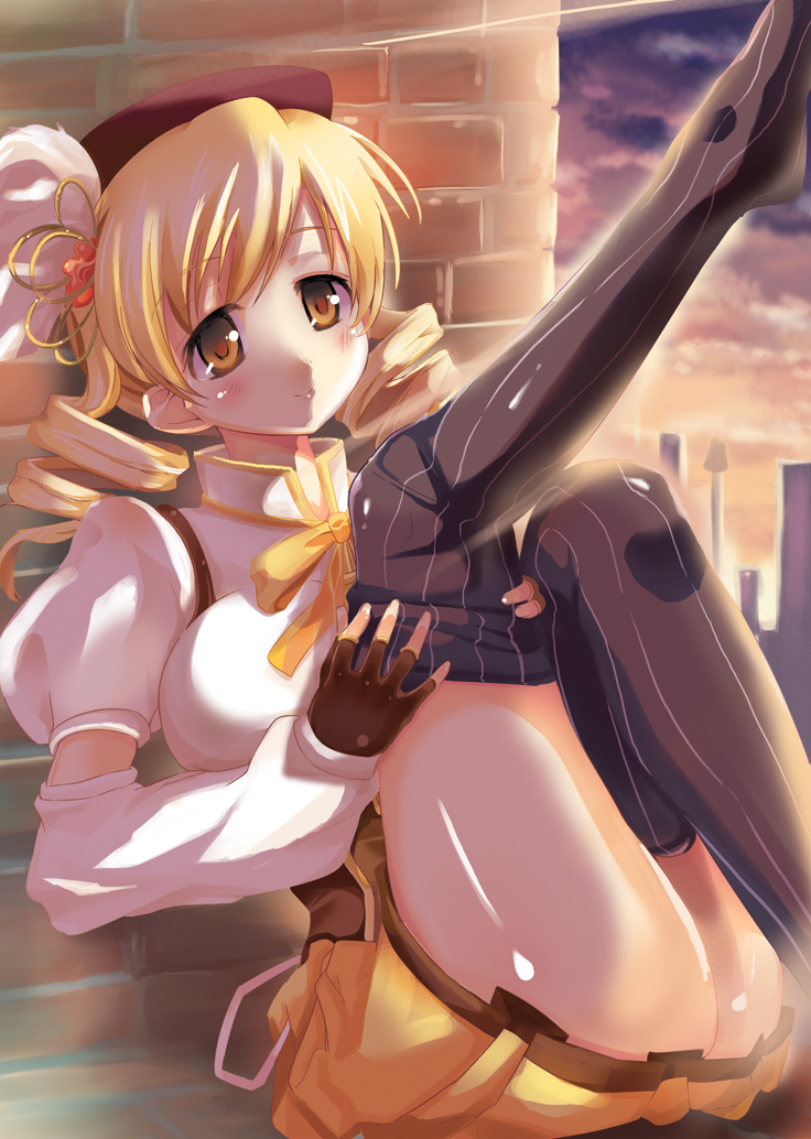 adjusting_clothes adjusting_legwear ass beret blonde_hair breasts detached_sleeves drill_hair fingerless_gloves gloves hair_ornament hat large_breasts magical_girl mahou_shoujo_madoka_magica outstretched_leg piaroo pleated_skirt shiny shiny_skin sitting skirt smile solo striped striped_legwear sunset thighhighs thighhighs_pull tomoe_mami vertical-striped_legwear vertical_stripes yellow_eyes
