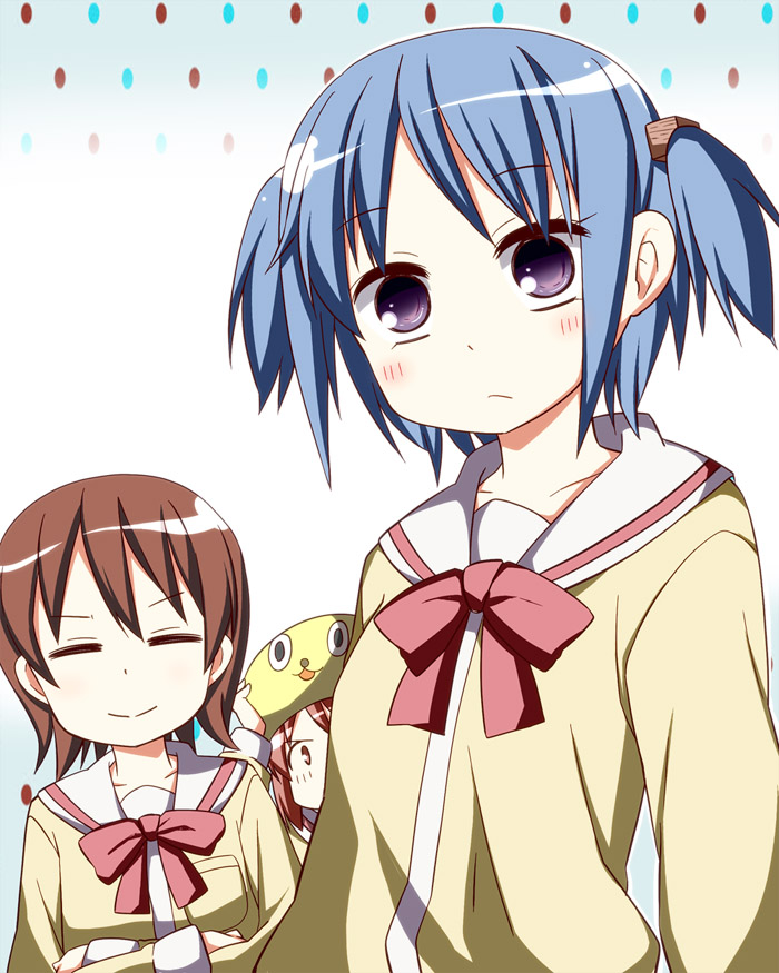 aioi_yuuko blue_hair blush brown_eyes brown_hair closed_eyes hair_cubes hair_ornament multiple_girls naganohara_mio nichijou purple_eyes rioshi school_uniform short_hair smile tachibana_misato tokisadame_school_uniform twintails