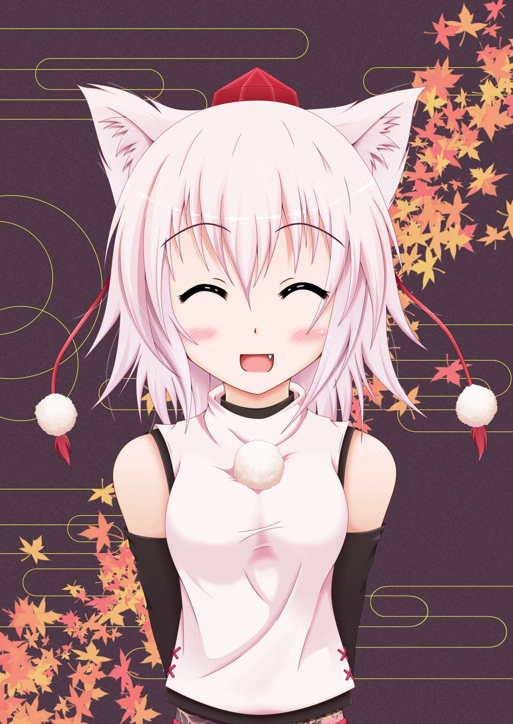 ^_^ animal_ears blush closed_eyes detached_sleeves fang hat highres inubashiri_momiji open_mouth short_hair solo tokin_hat touhou upper_body white_hair wolf_ears
