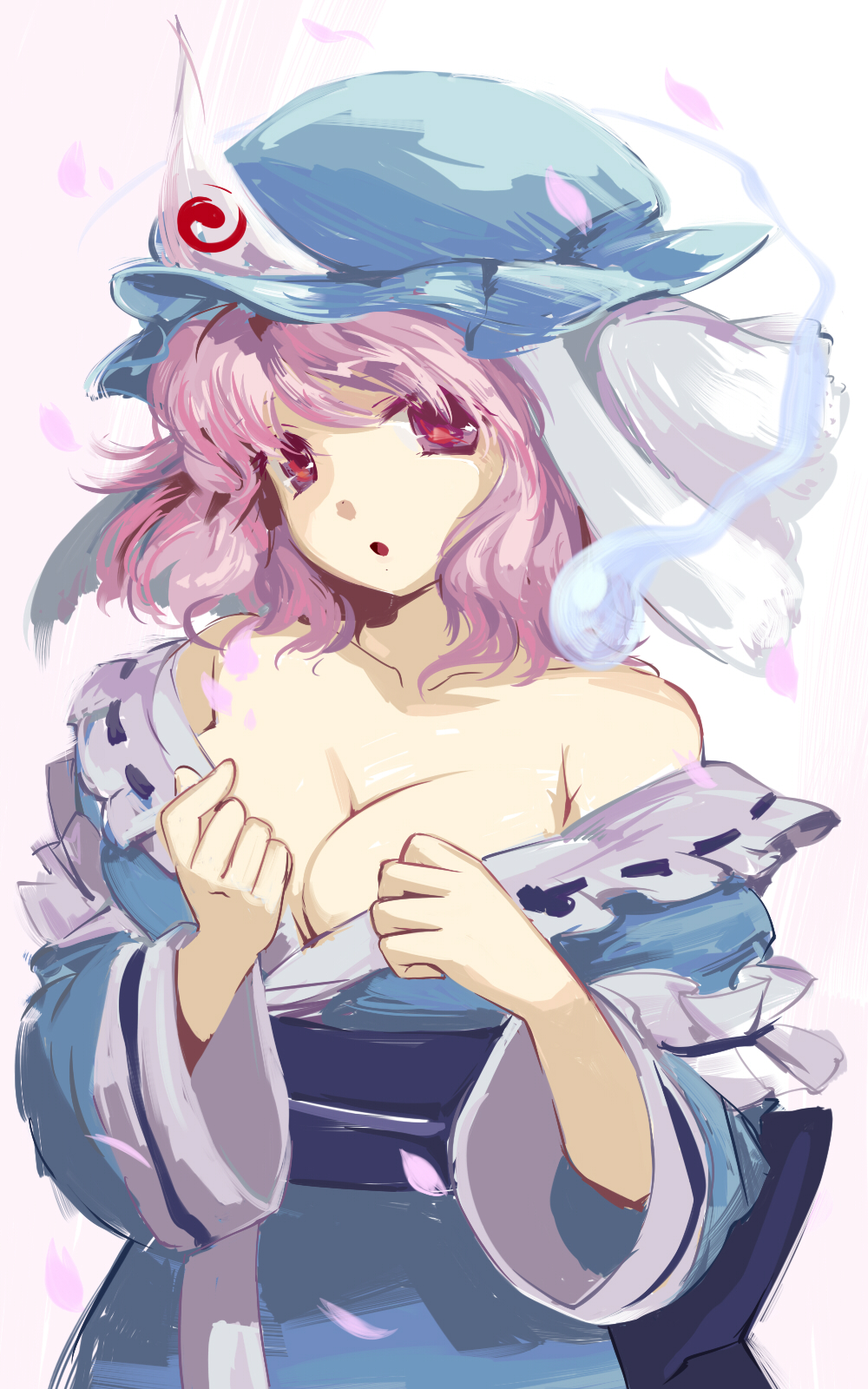 :o bad_id bad_pixiv_id bare_shoulders blue_dress breasts chagen_kokimu cherry_blossoms cleavage collarbone dress dress_pull hands_on_own_chest hat highres large_breasts off_shoulder open_mouth pink_eyes pink_hair pulled_by_self red_eyes saigyouji_yuyuko short_hair solo touhou