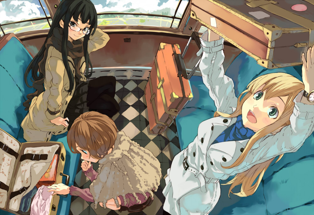 \o/ arms_up bad_id bad_pixiv_id black_hair black_legwear blonde_hair brown_eyes brown_hair capelet checkered checkered_floor couch crossed_legs fisheye glasses green_eyes head_rest kusanagi_kikoku long_hair looking_up luggage multiple_girls open_mouth original outstretched_arms pantyhose perspective scarf sitting squatting train_interior watch wristwatch