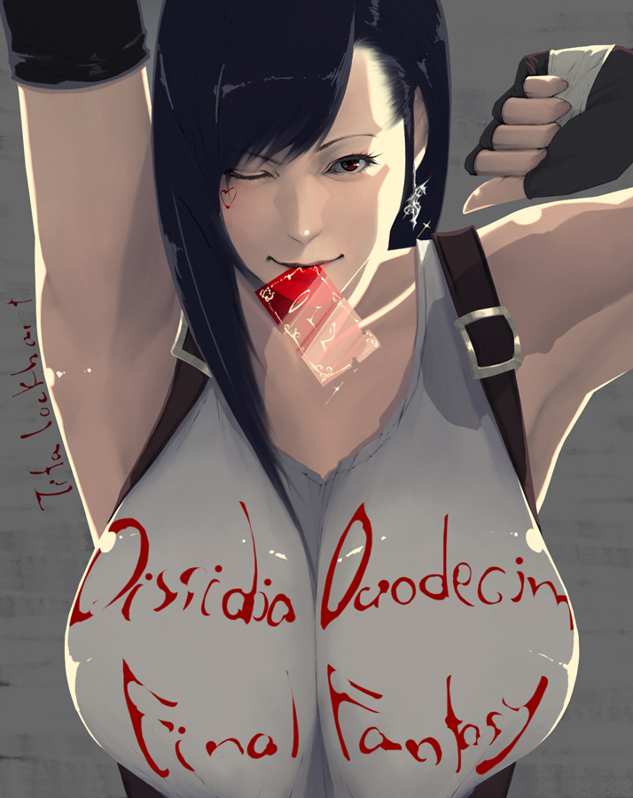 &lt;3 armpits arms_up black_hair body_writing breasts card earrings elbow_gloves female final_fantasy final_fantasy_vii fingerless_gloves gloves heart huge_breasts jewelry kazekiri long_hair mouth_hold one_eye_closed red_eyes solo suspenders tank_top tanktop tifa_lockhart wink