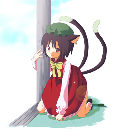 animal_ears brown_hair cat_ears cat_tail chen earrings hat ica jewelry lowres multiple_tails red_eyes short_hair solo tail touhou