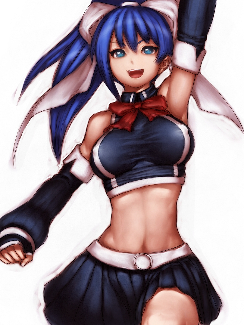 arm_up armpits blue_eyes blue_hair bow breasts covered_nipples crop_top detached_sleeves fumio_(rsqkr) hair_bow impossible_clothes impossible_shirt large_breasts long_hair midriff open_mouth ponytail quiz_magic_academy shirt simple_background skirt smile solo taut_clothes taut_shirt yuri_(quiz_magic_academy)