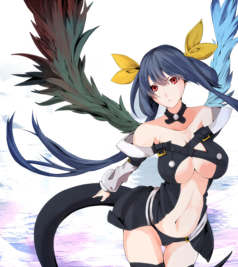 asymmetrical_wings bare_shoulders blue_hair bow breasts choker dizzy guilty_gear hair_bow large_breasts long_hair midriff navel red_eyes solo tail thighhighs tugmix twintails underboob wings