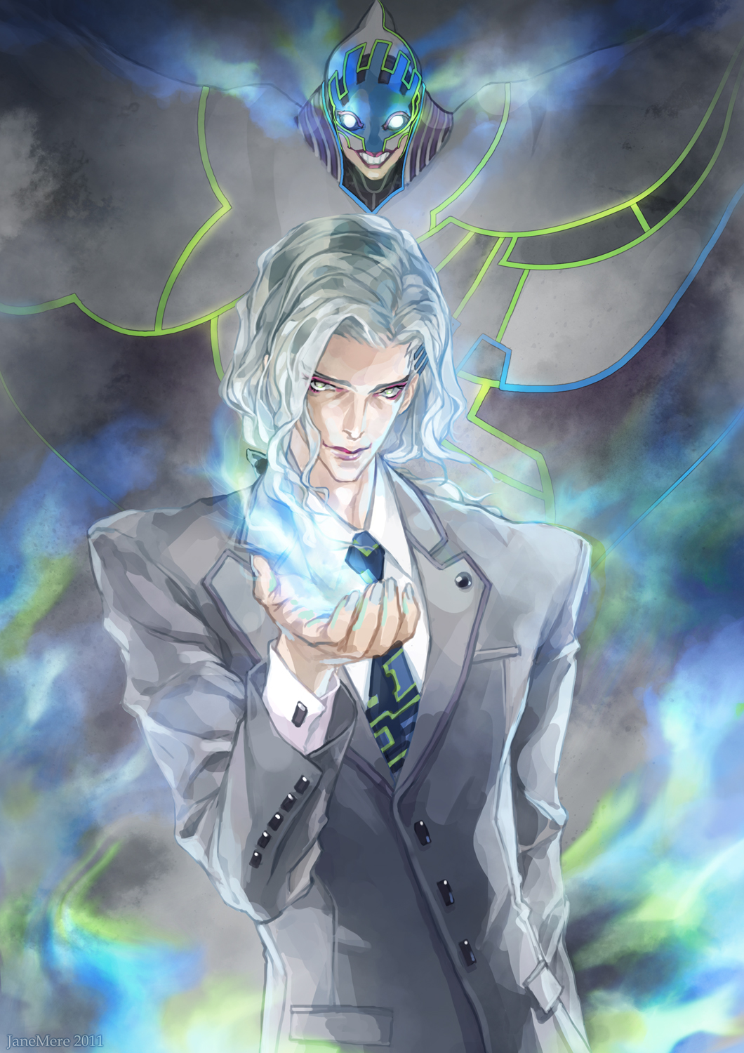 blue_fire cloak dual_persona fire formal glowing glowing_eyes highres jane_mere lunatic_(tiger_&amp;_bunny) male_focus mask necktie pale_skin silver_hair suit tiger_&amp;_bunny yuri_petrov